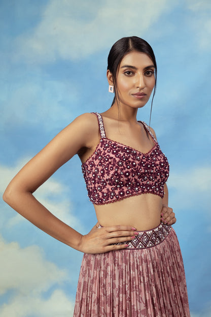 Rose gold Crop top skirt with embroidered blouse