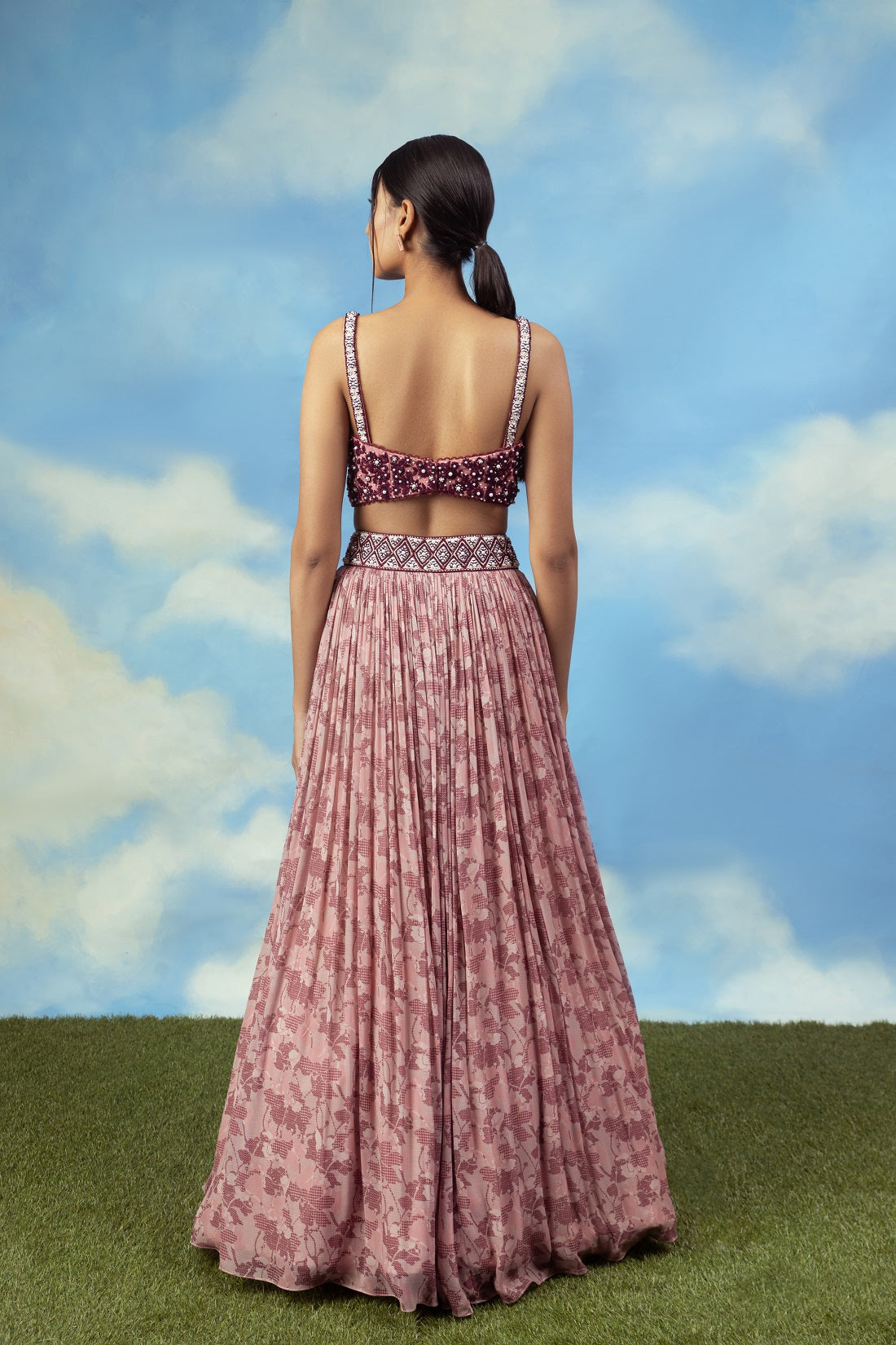 Rose gold Crop top skirt with embroidered blouse
