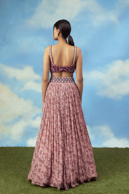 Rose gold Crop top skirt with embroidered blouse