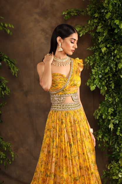 Yellow printed Moomal Crop top skirt