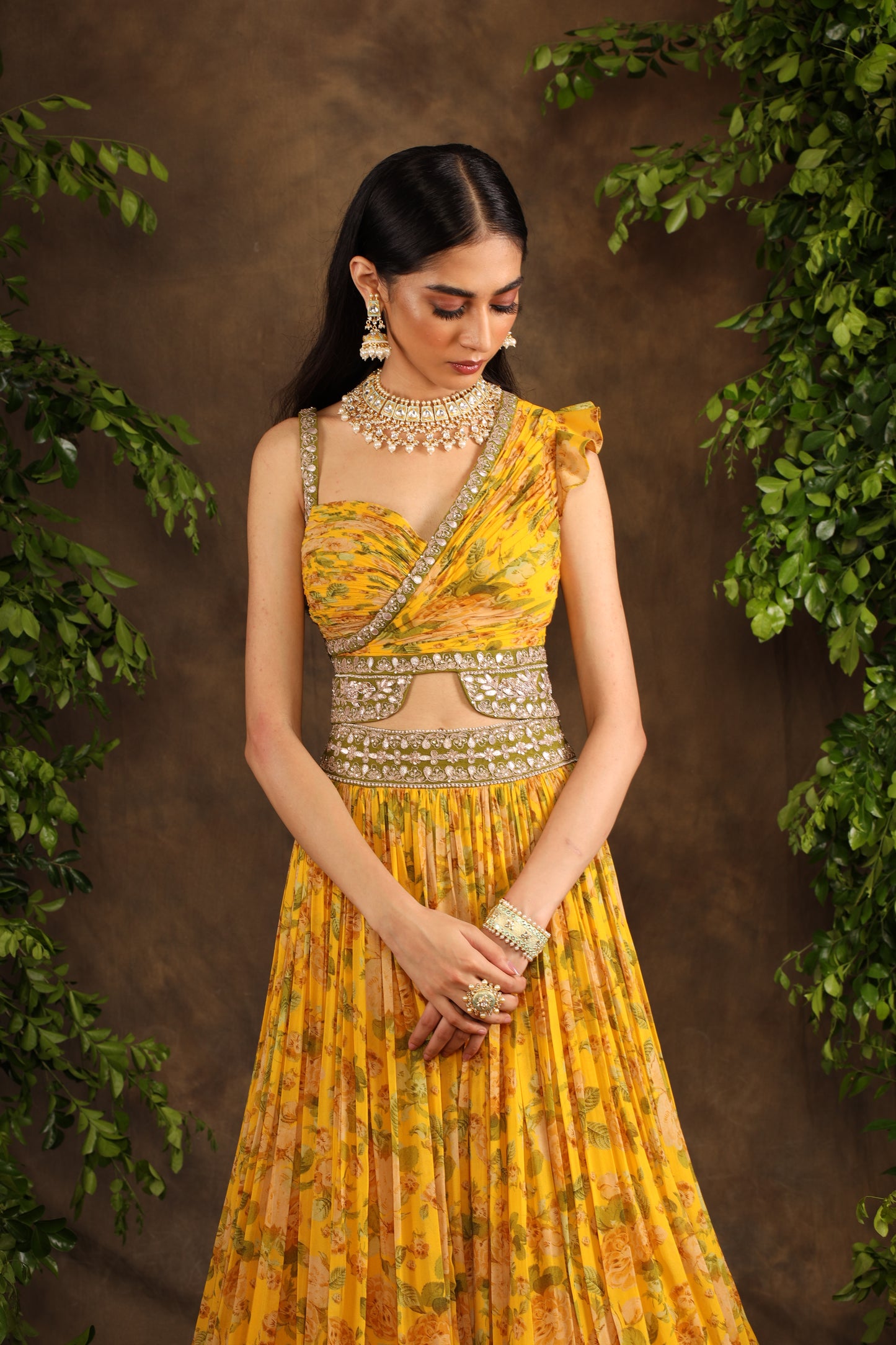 Yellow printed Moomal Crop top skirt
