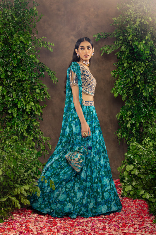 Blue floral printed georgette lehenga set.