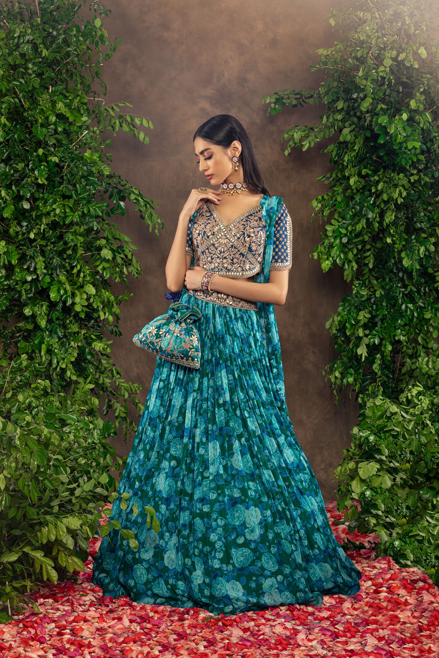 Blue floral printed georgette lehenga set.
