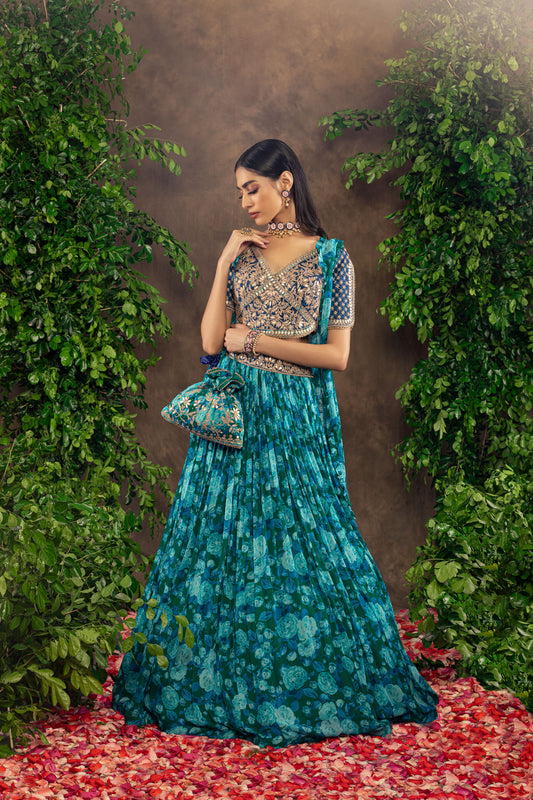 Blue floral printed georgette lehenga set.