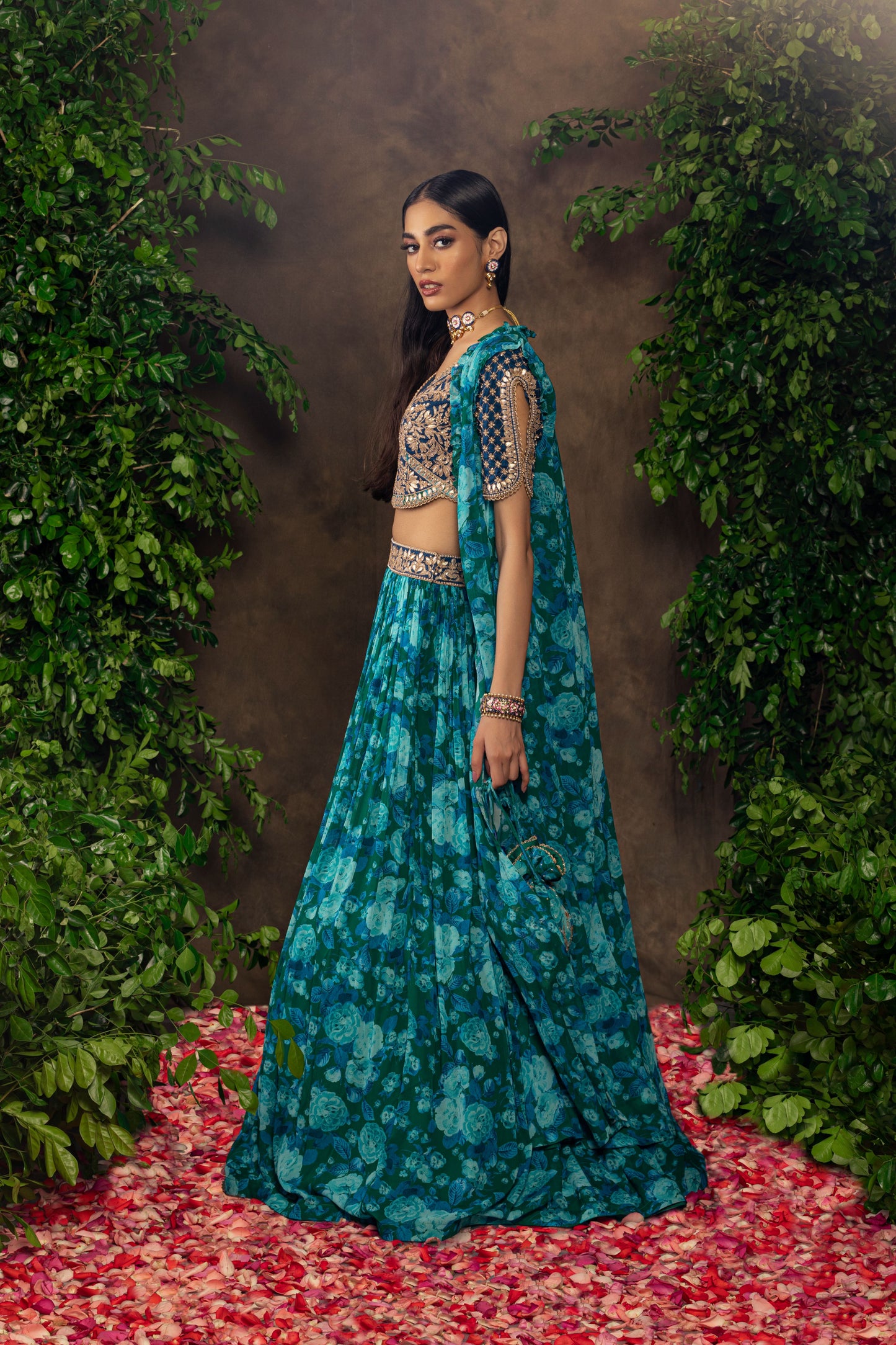 Blue floral printed georgette lehenga set.