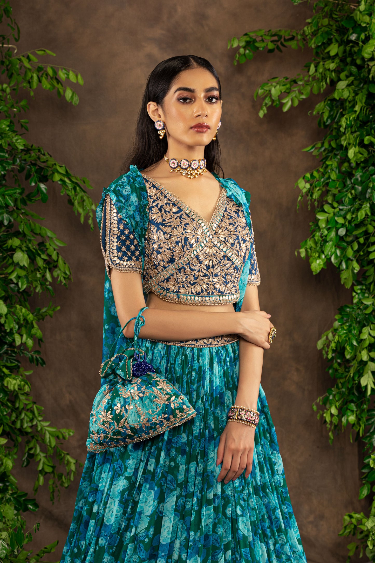 Blue floral printed georgette lehenga set.