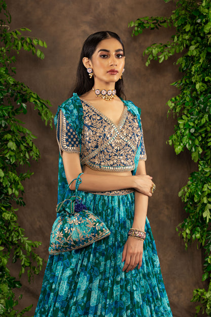 Blue floral printed georgette lehenga set.