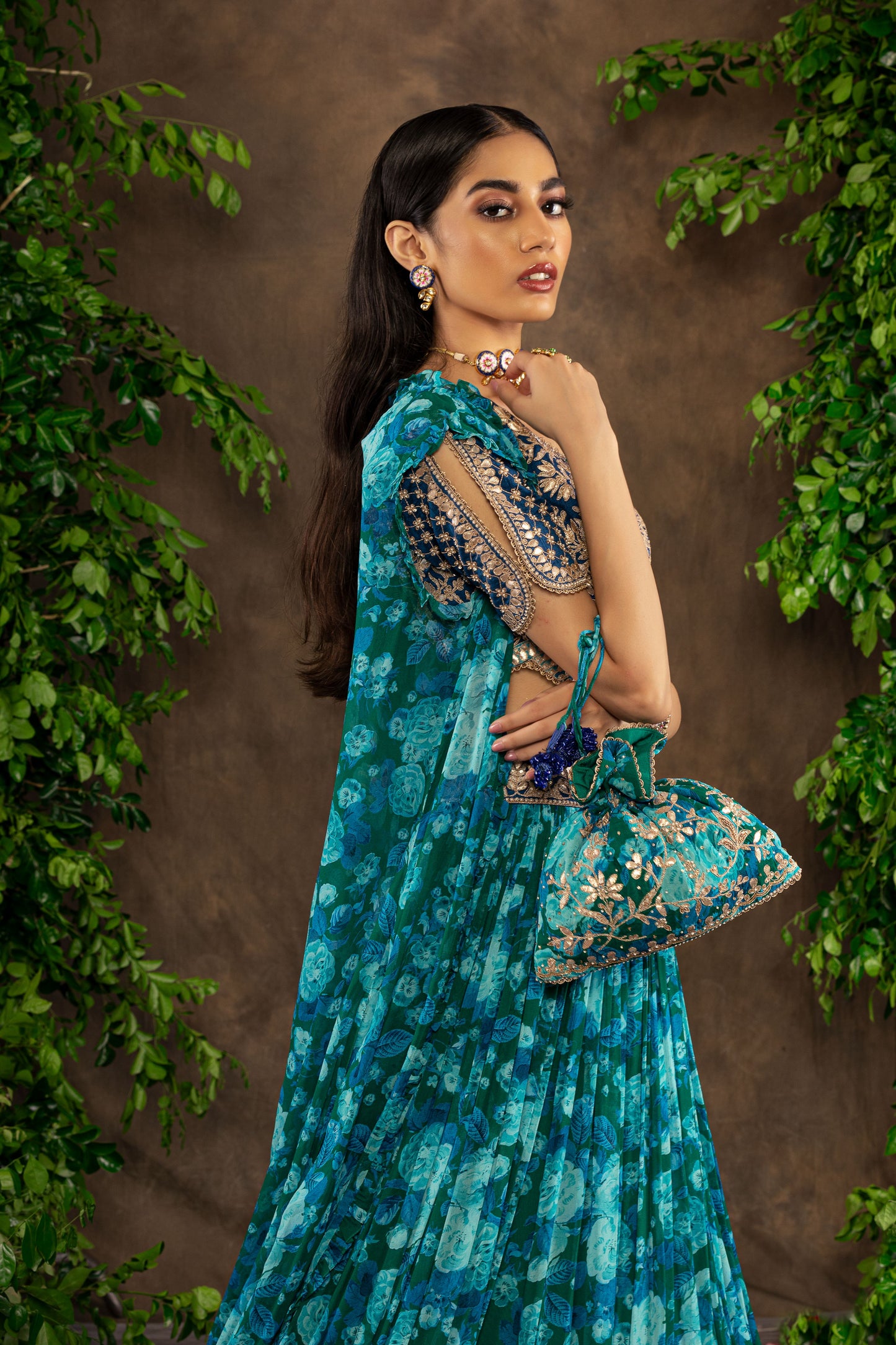 Blue floral printed georgette lehenga set.
