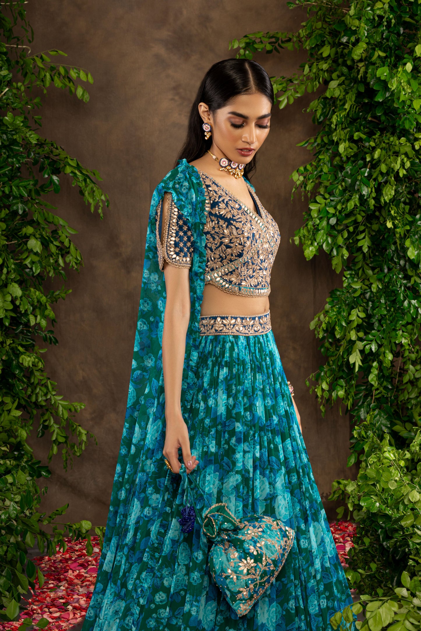 Blue floral printed georgette lehenga set.