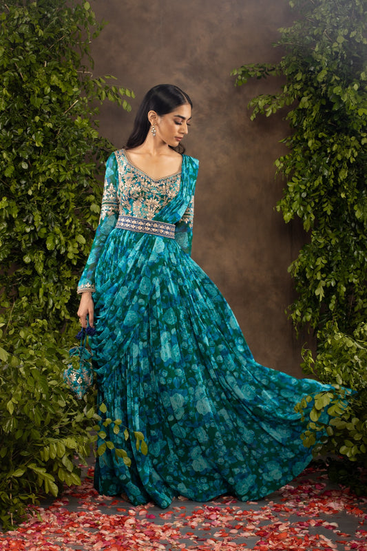 Blue floral printed georgette anarkali set.