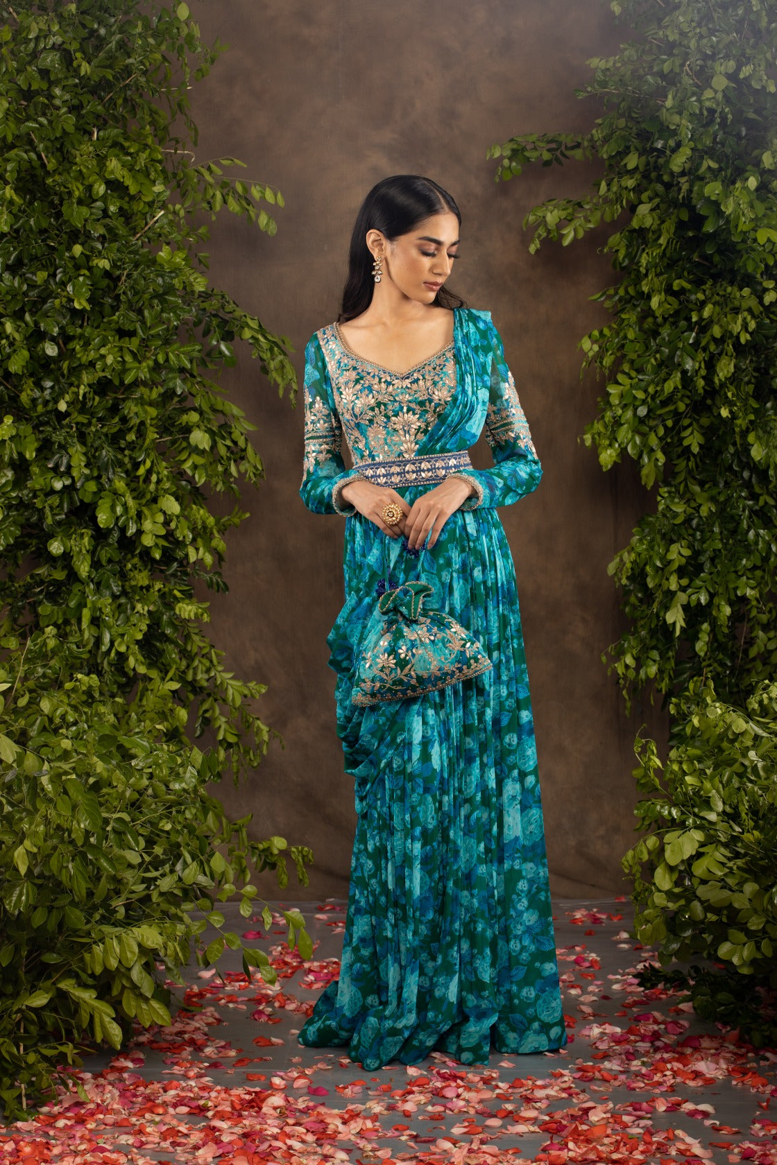 Blue floral printed georgette anarkali set.