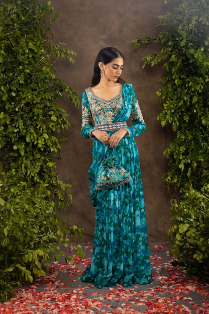 Blue floral printed georgette anarkali set.