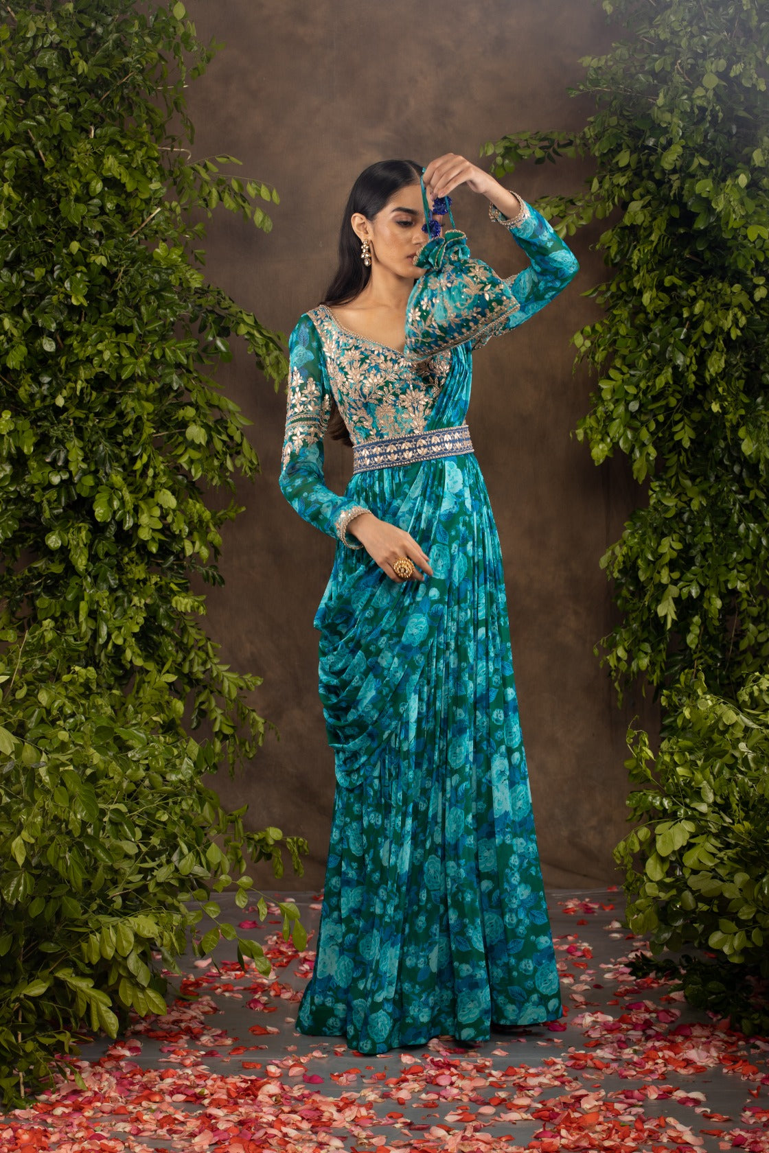 Blue floral printed georgette anarkali set.