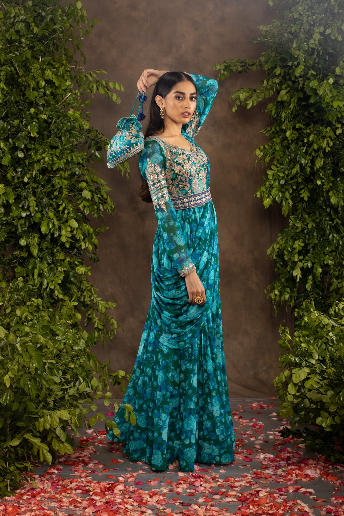 Blue floral printed georgette anarkali set.