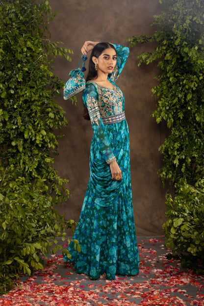 Blue floral printed georgette anarkali set.