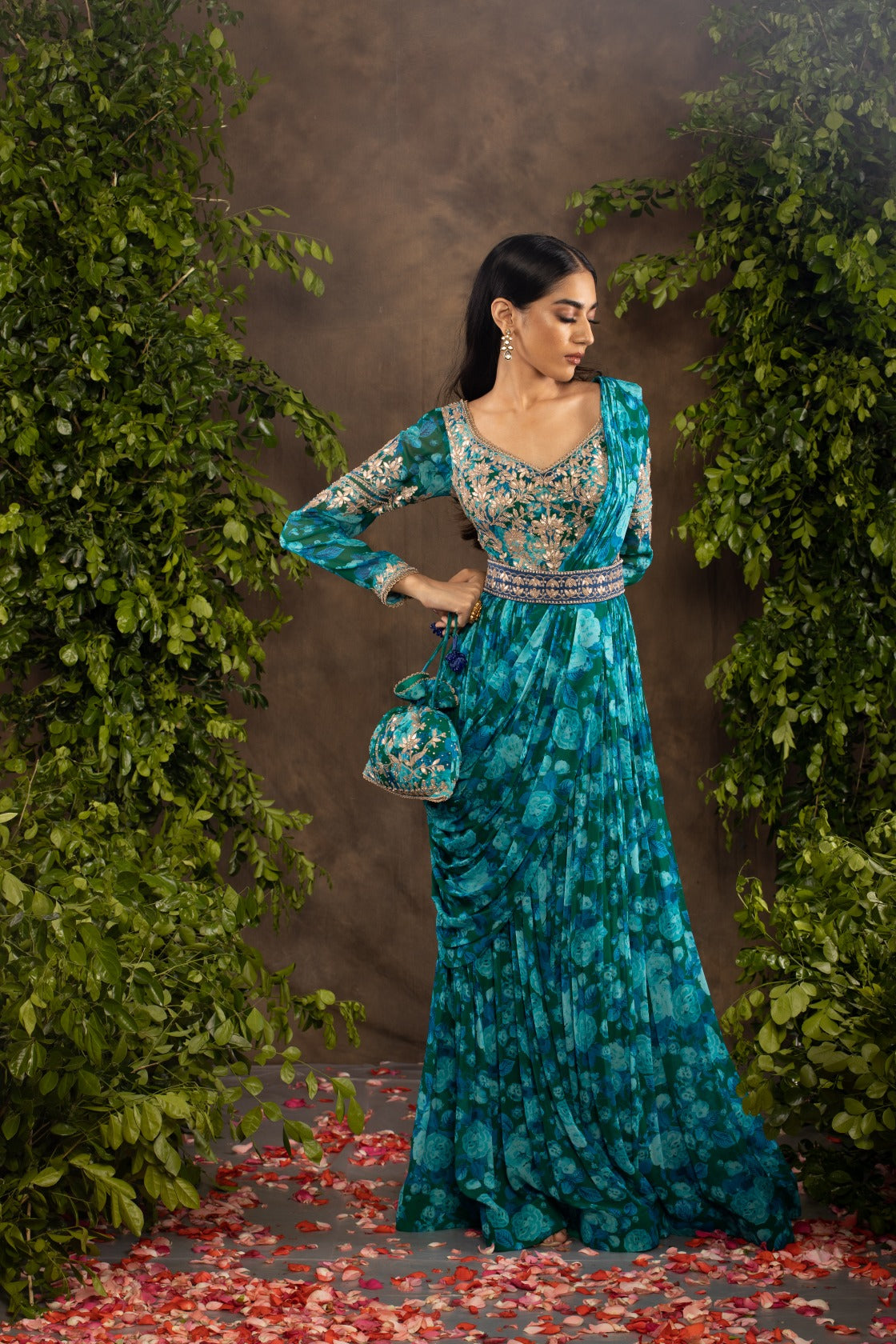 Blue floral printed georgette anarkali set.