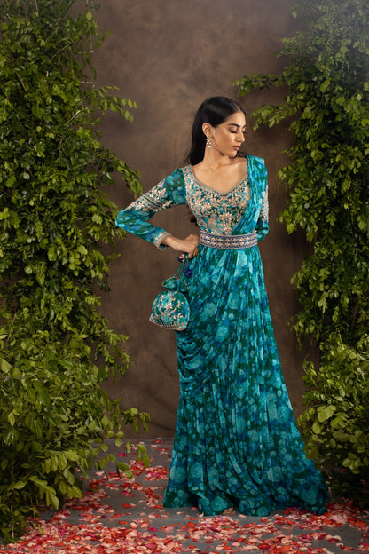 Blue floral printed georgette anarkali set.