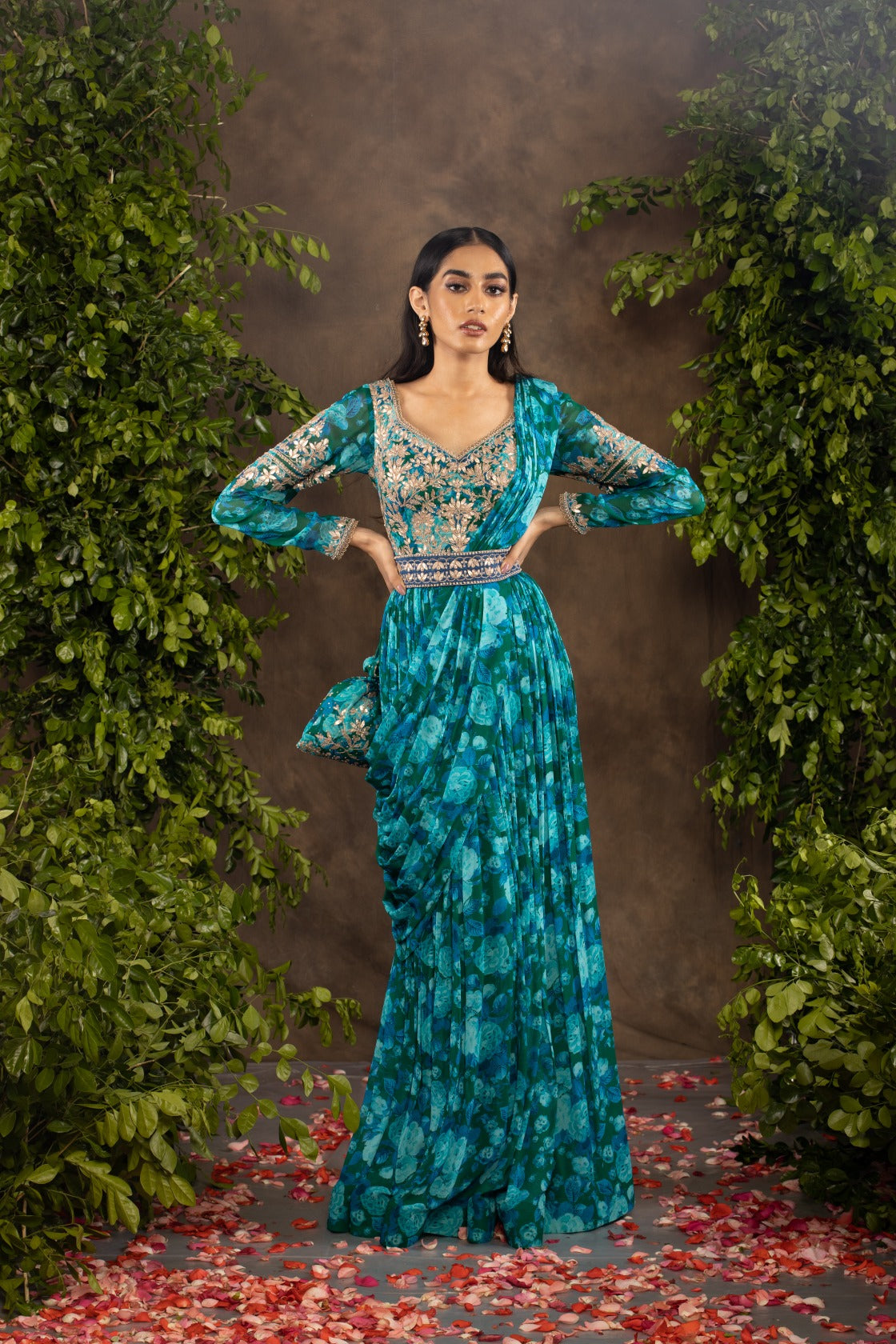 Blue floral printed georgette anarkali set.