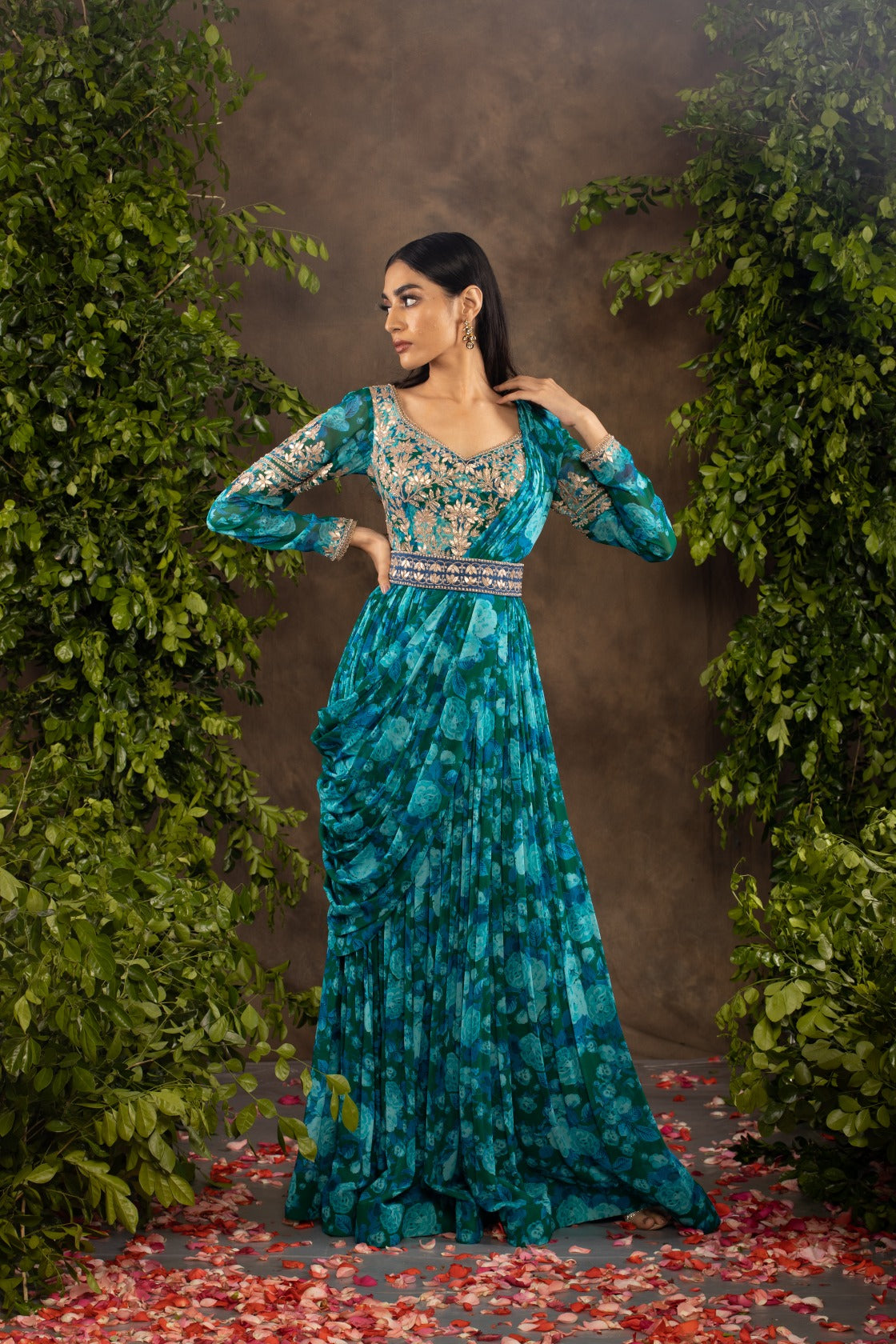 Blue floral printed georgette anarkali set.