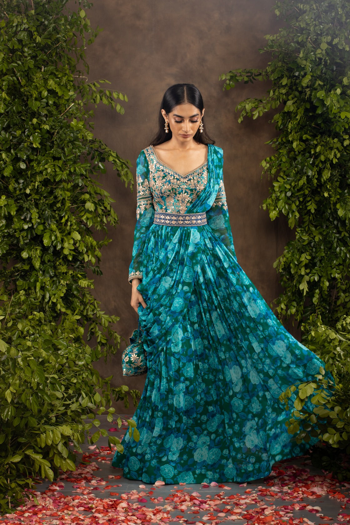Blue floral printed georgette anarkali set.