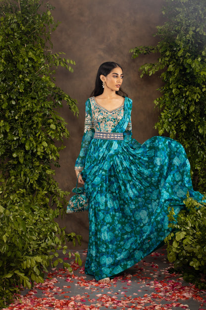 Blue floral printed georgette anarkali set.