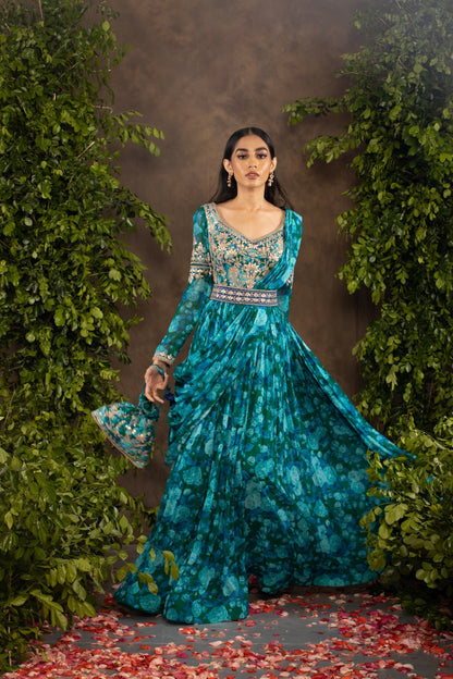 Blue floral printed georgette anarkali set.
