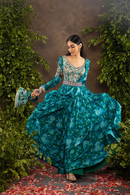Blue floral printed georgette anarkali set.