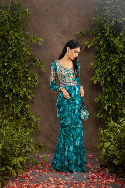 Blue floral printed georgette anarkali set.