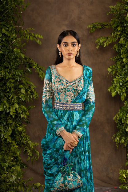Blue floral printed georgette anarkali set.