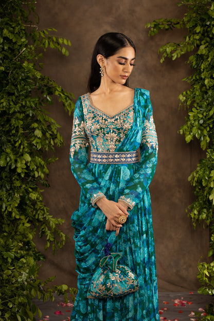 Blue floral printed georgette anarkali set.