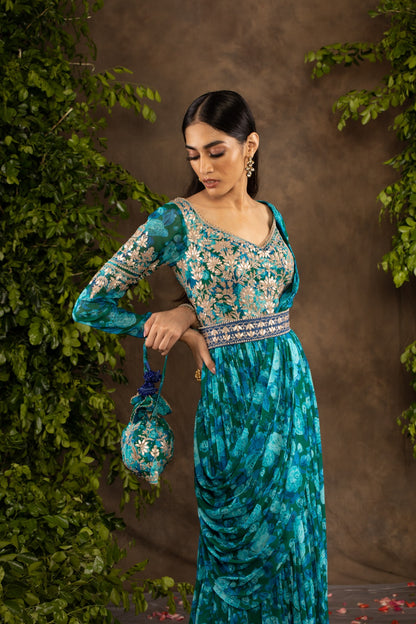 Blue floral printed georgette anarkali set.
