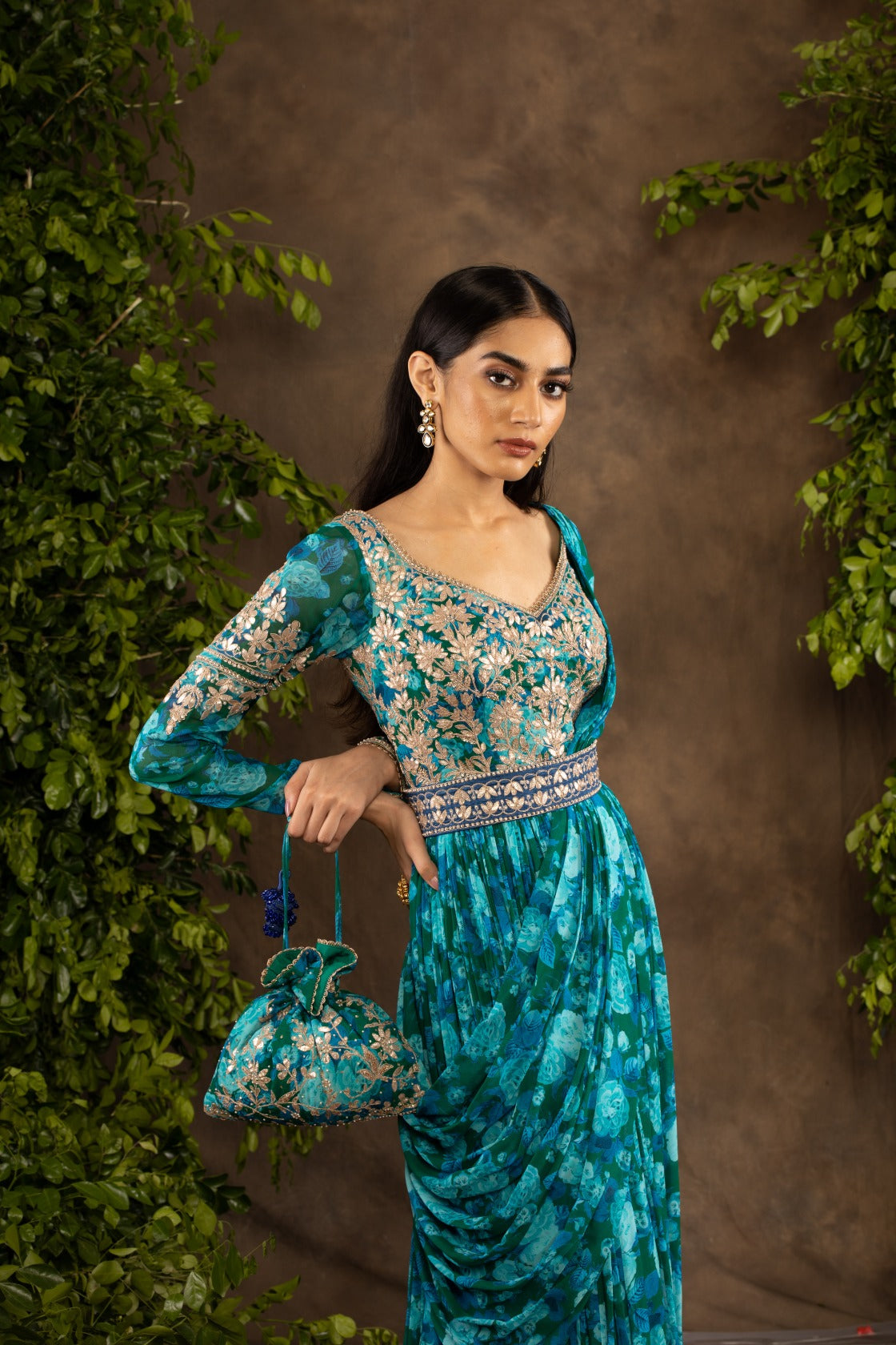 Blue floral printed georgette anarkali set.