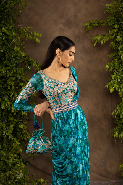 Blue floral printed georgette anarkali set.