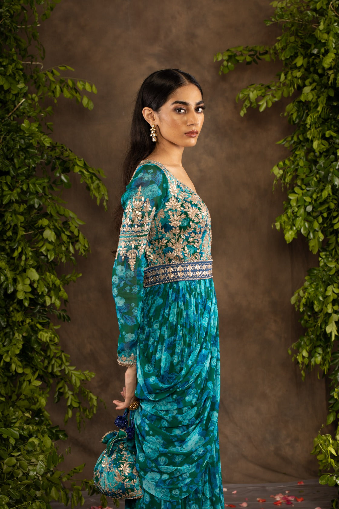 Blue floral printed georgette anarkali set.