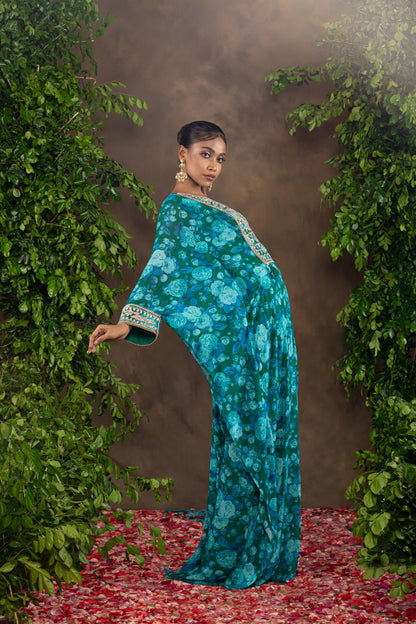 Blue floral printed georgette kaftaan