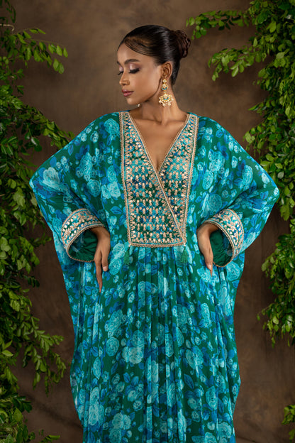 Blue floral printed georgette kaftaan