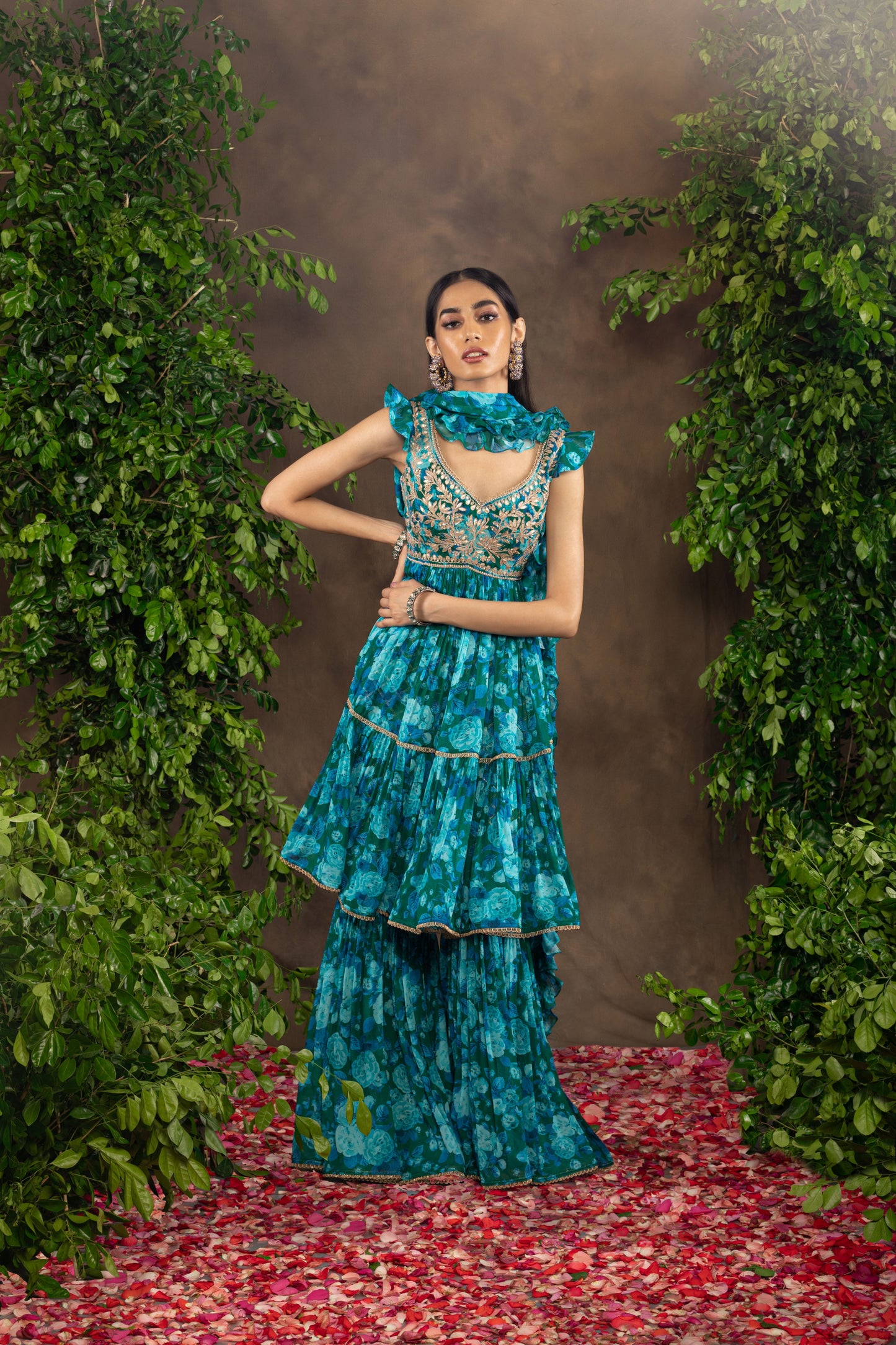 Blue floral printed georgette garara set with gota patti combined with sequins, pearl and dori work.