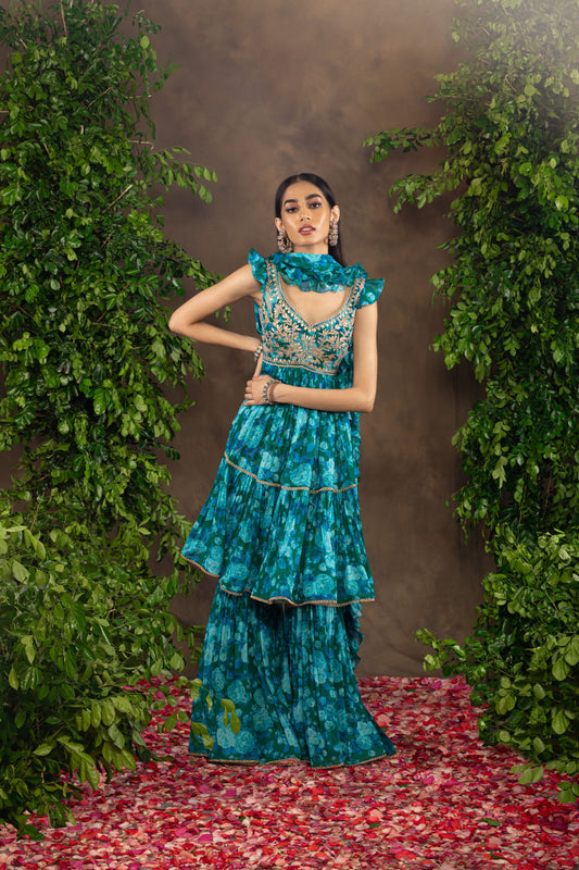 Blue floral printed georgette garara set with gota patti combined with sequins, pearl and dori work.