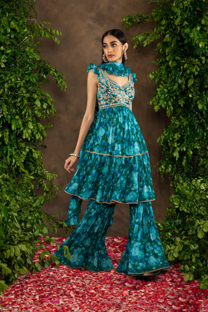Blue floral printed georgette garara set with gota patti combined with sequins, pearl and dori work.