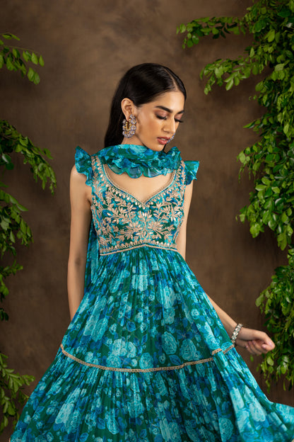 Blue floral printed georgette garara set with gota patti combined with sequins, pearl and dori work.