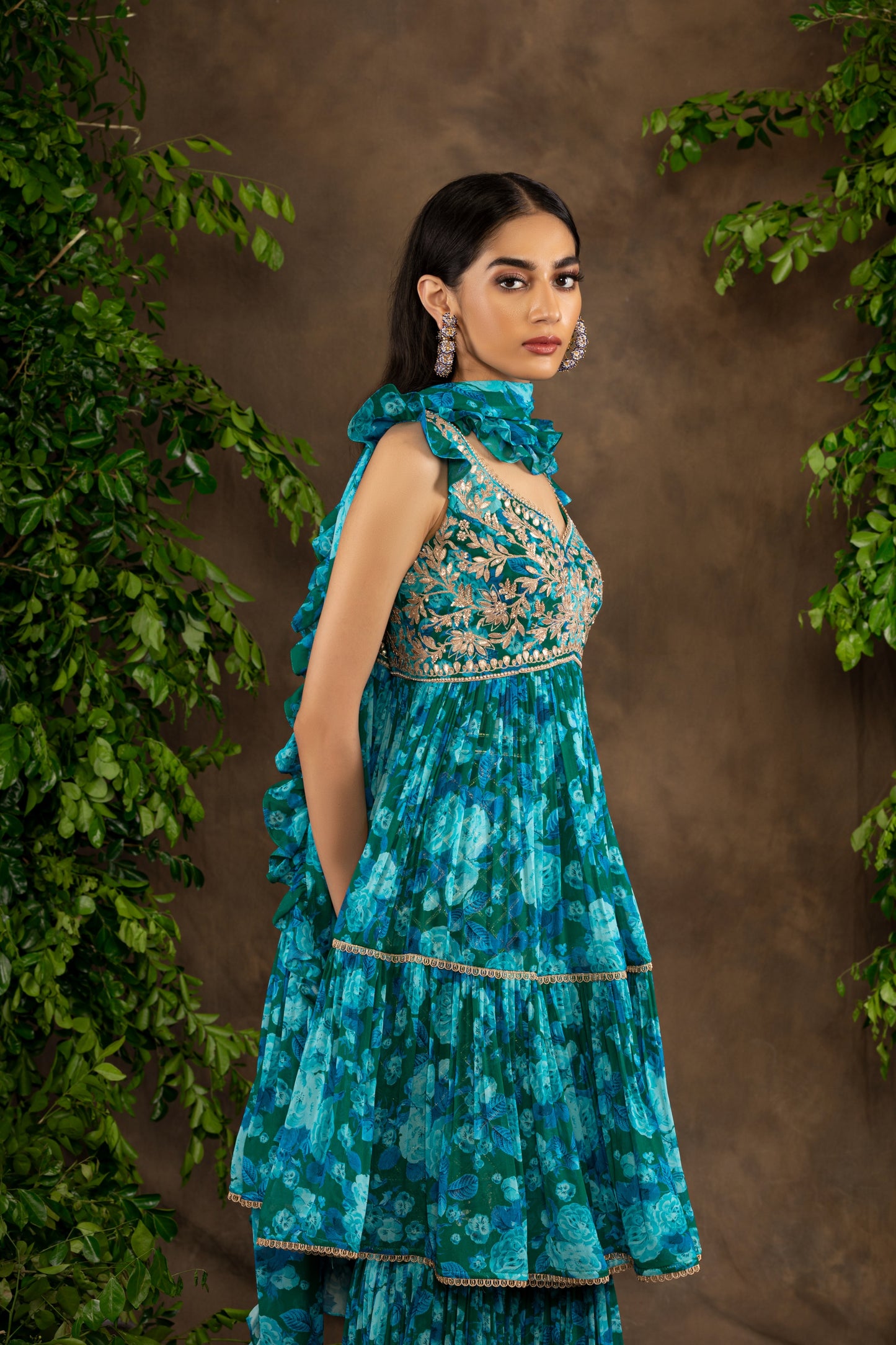 Blue floral printed georgette garara set with gota patti combined with sequins, pearl and dori work.