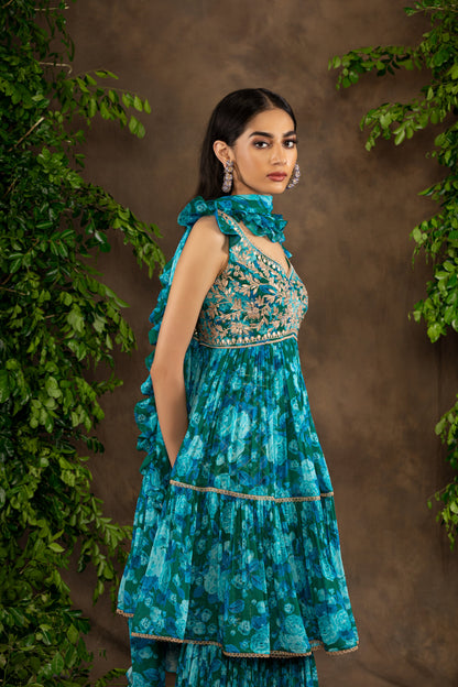 Blue floral printed georgette garara set with gota patti combined with sequins, pearl and dori work.