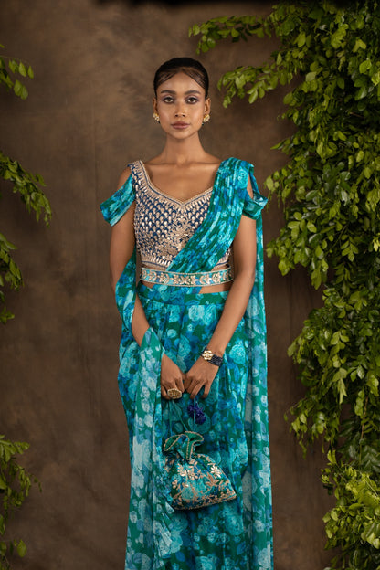 Blue floral printed drape saree with navy blue raw silk blouse