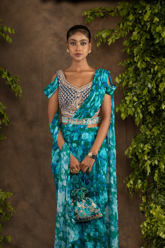 Blue floral printed drape saree with navy blue raw silk blouse
