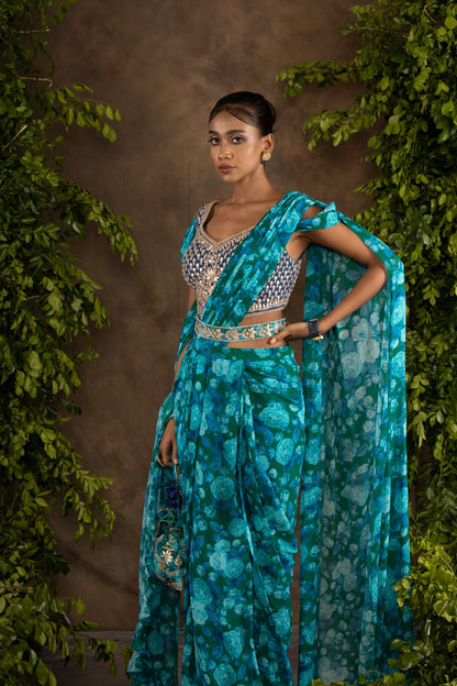 Blue floral printed drape saree with navy blue raw silk blouse