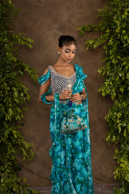 Blue floral printed drape saree with navy blue raw silk blouse