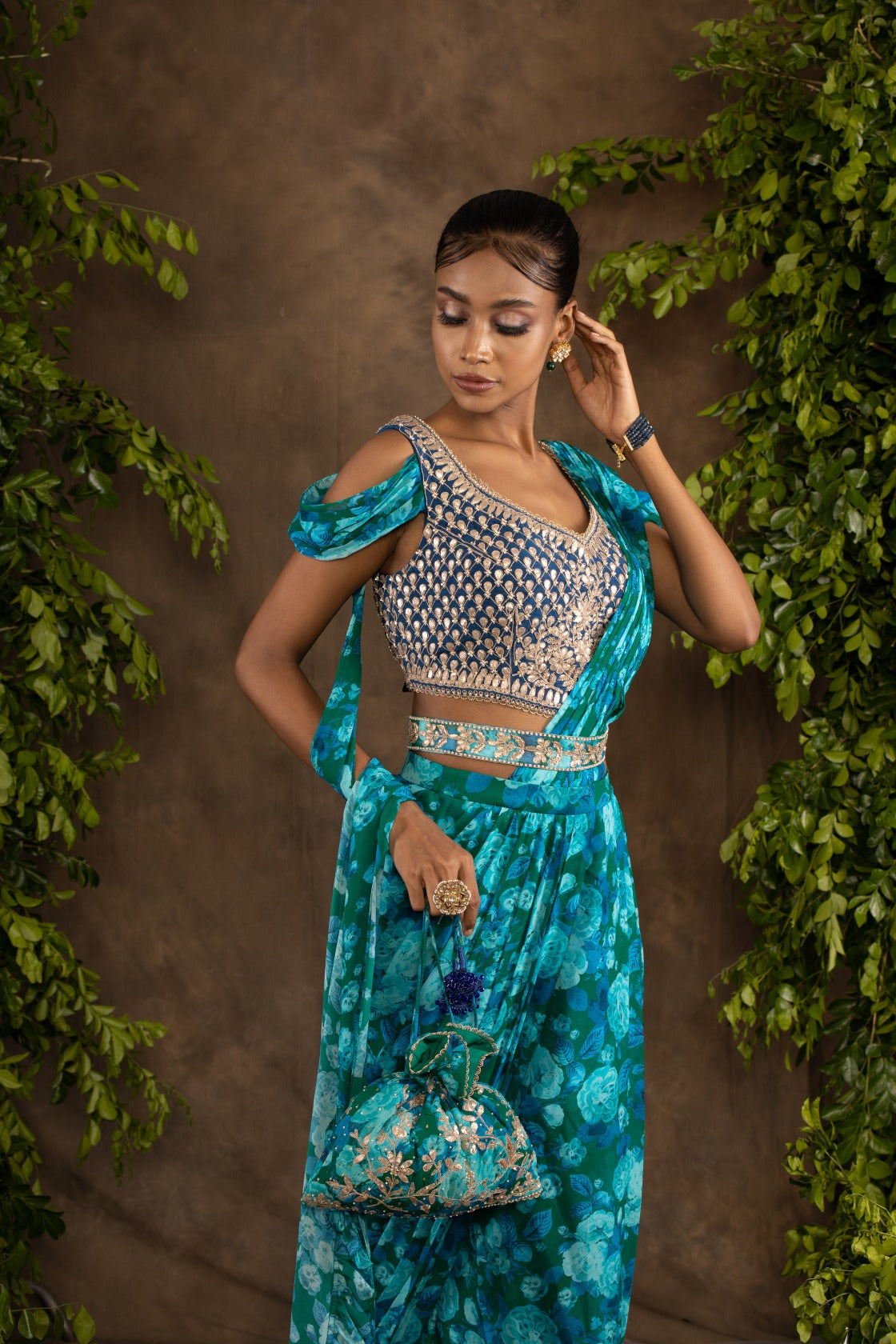 Blue floral printed drape saree with navy blue raw silk blouse