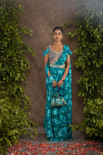 Blue floral printed drape saree with navy blue raw silk blouse