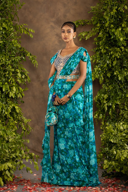 Blue floral printed drape saree with navy blue raw silk blouse