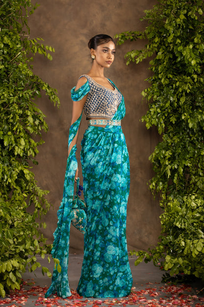 Blue floral printed drape saree with navy blue raw silk blouse